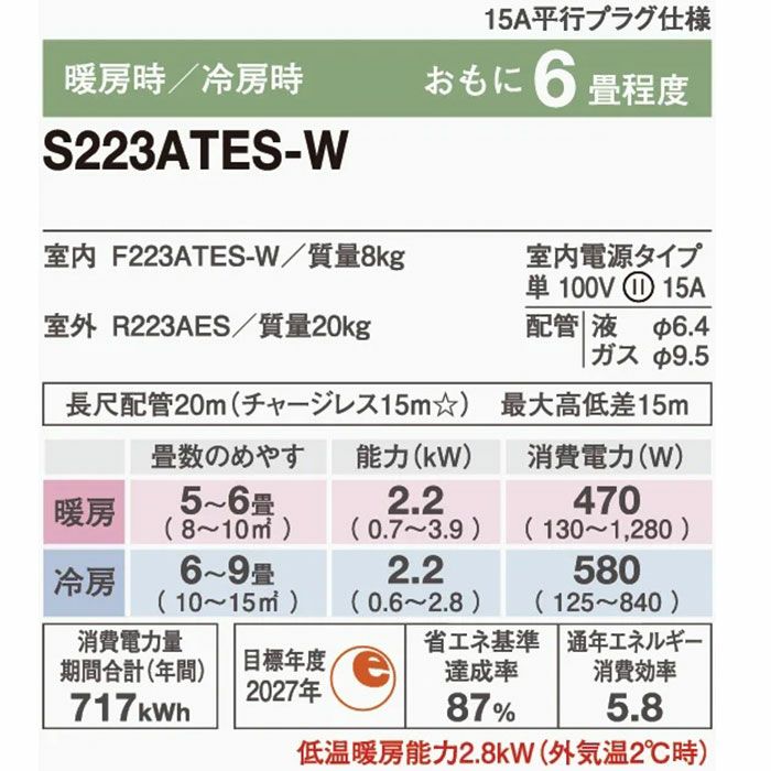 標準工事費込み】S223ATES-W ダイキン ルームエアコン Eシリーズ 主に6 ...