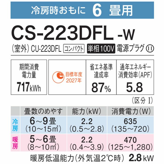 標準工事費込み】CS-223DFL-W パナソニック ルームエアコン エオリア Fシリーズ 主に6畳用 | エアコン・家電通販のたまたま