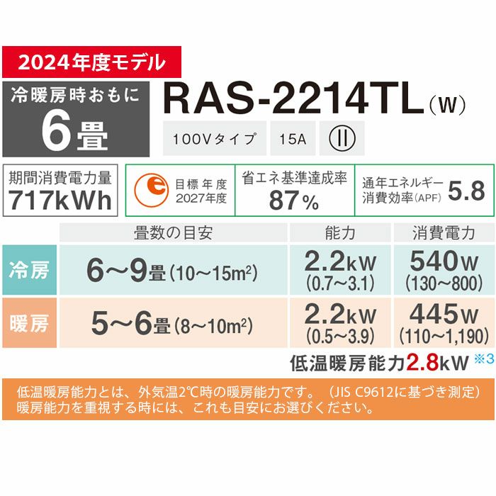 RAS-2214TL(W) 東芝 ルームエアコン TLシリーズ 主に6畳用 | エアコン・家電通販のたまたま