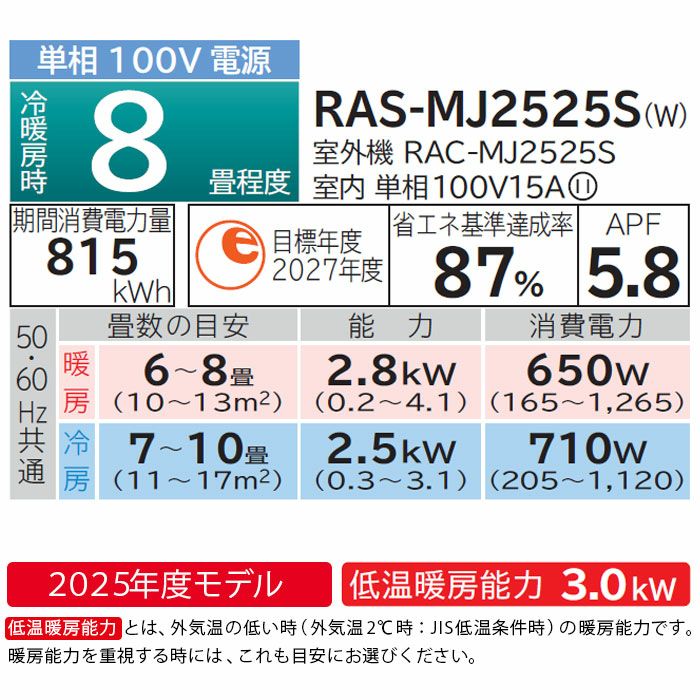 RAS-MJ2525S-W 日立 MJシリーズ 白くまくん ルームエアコン 2025年