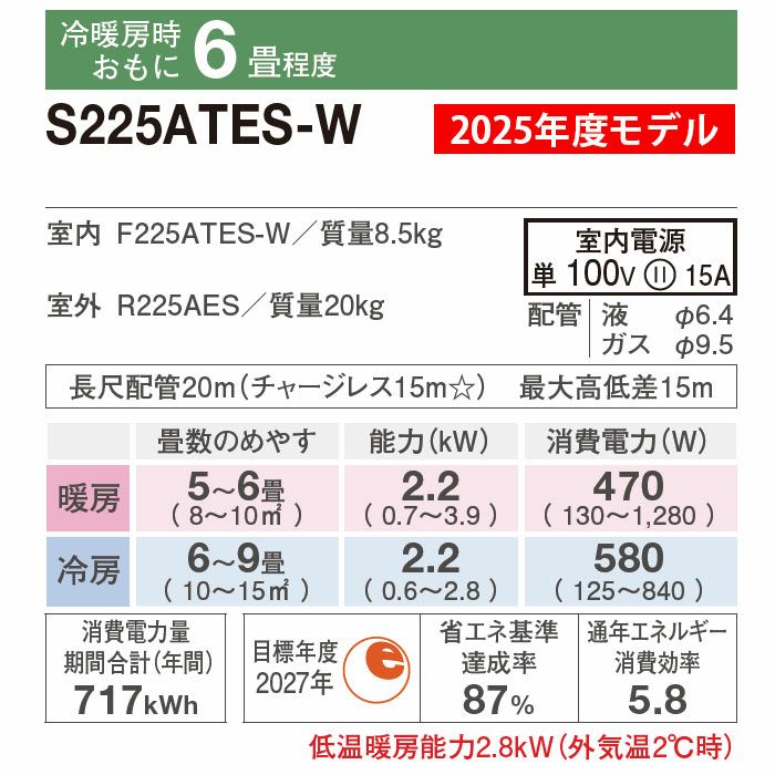 【2025年モデル】新品 ダイキン エアコン 本体 6畳 標準工事費込み Amazon | エアコン 工事費込み DAIKIN S225ATES-W 2025年 6畳用