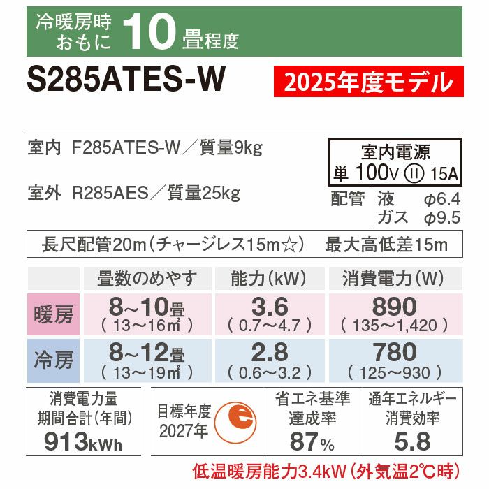 標準工事費込み】S285ATES-W ダイキン Eシリーズ エアコン 2025