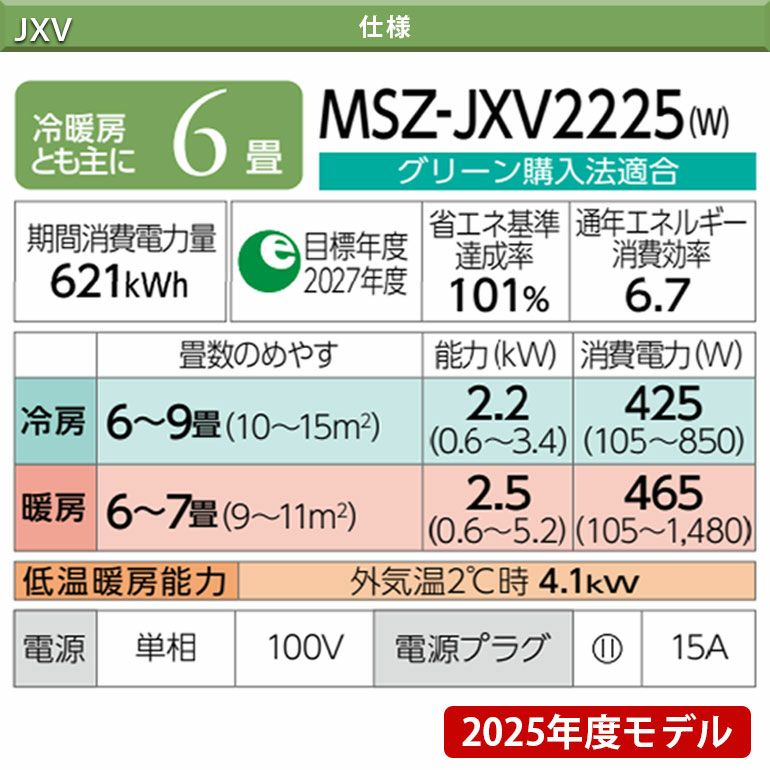 MSZ-JXV2225-W 三菱電機 JXVシリーズ エアコン 主に6畳用 | エアコン